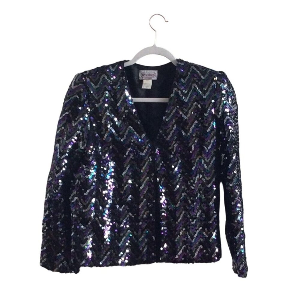 Vintage Three Flaggs Sequin Blazer – 80s Iridescent Chevron, Shoulder Pads, Smal